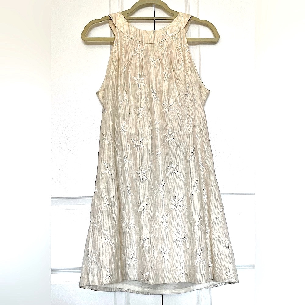Gold Shimmer Searle Madison Ave NYC Linen Swing Dress! Pockets! Dress Shines! 12
